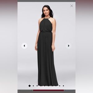 David’s Bridal mesh halter bridesmaid dress with slim sash in Juniper Green